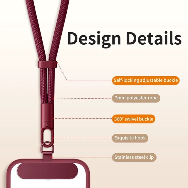 Alt view image 7 of 7 - Lanyard for Phone Self-Locking Phone Wrist Strap with 0.4mm Ultra-Thin Clip & 360° Hook Anti-Drop and Anti-Theft Cell Phone Strap Fit iPhone(Burgundy)
