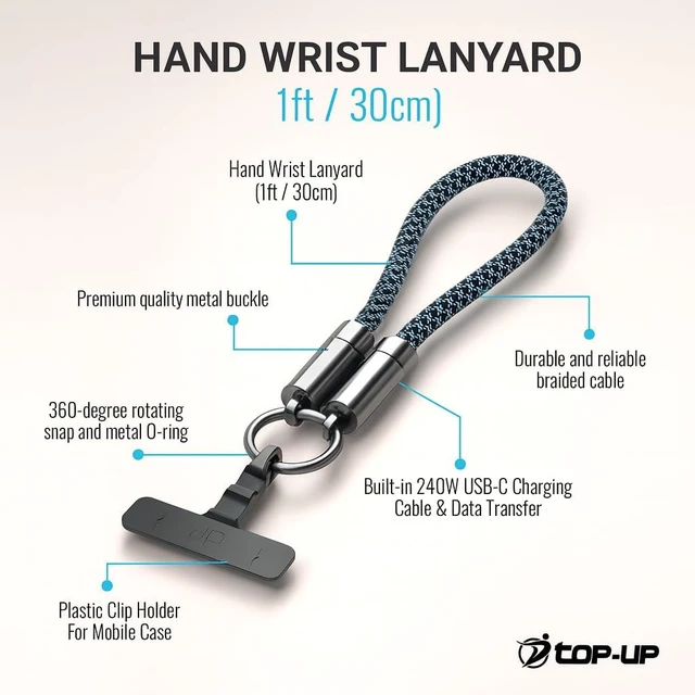 Alt view image 3 of 7 - Phone Wrist Strap Lanyard 240W USB-C Charging Cable 1ft 30cm