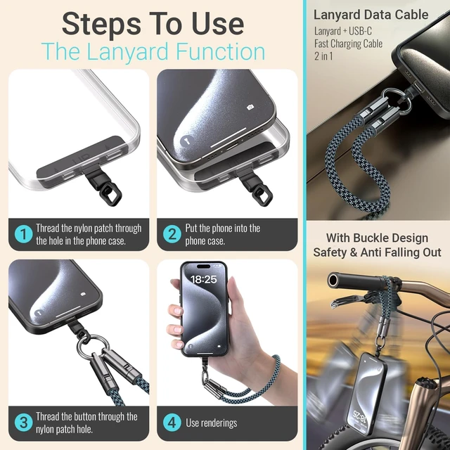 Alt view image 7 of 7 - Phone Wrist Strap Lanyard 240W USB-C Charging Cable 1ft 30cm