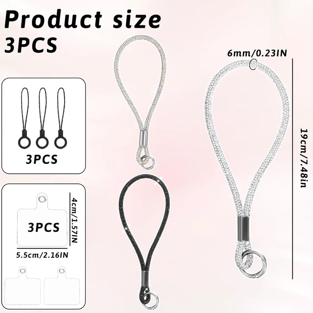 Alt view image 2 of 7 - 3 Pcs Bling Rhinestone Phone Wrist Strap Full Diamond Pendant Wrist Strap Bling Keychain Wristlet Lanyard for Women Phone Charms Case Straps with Tether Tab and Pad (Silver Black AB Color 7.48 In)