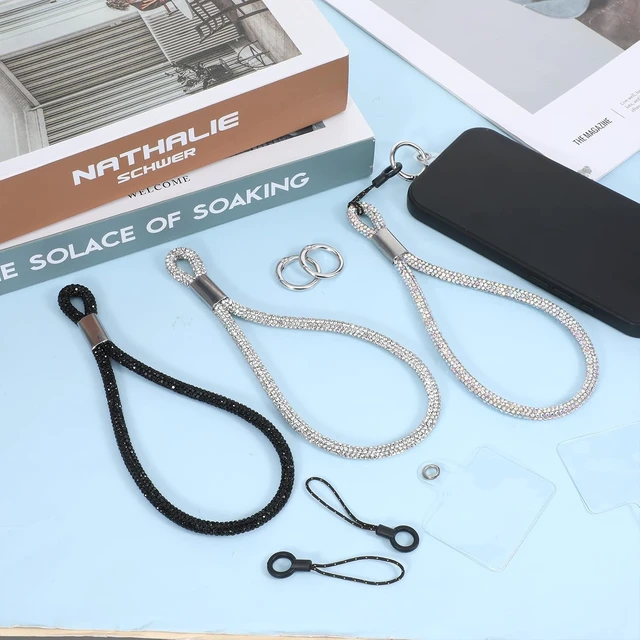 Alt view image 5 of 7 - 3 Pcs Bling Rhinestone Phone Wrist Strap Full Diamond Pendant Wrist Strap Bling Keychain Wristlet Lanyard for Women Phone Charms Case Straps with Tether Tab and Pad (Silver Black AB Color 7.48 In)