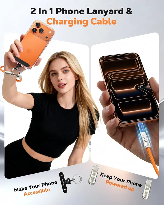 Alt view image 2 of 7 - 2-in-1 Phone Wrist Lanyard USB C Cable PD240W USB-C to USB-C Type-C Fast Charging Cable