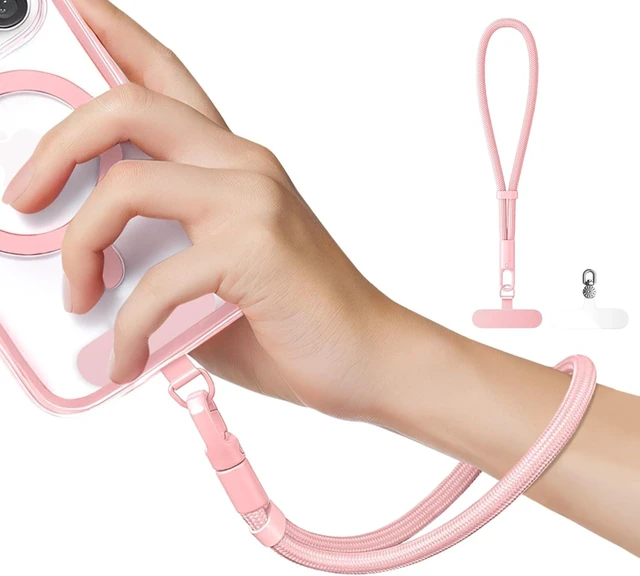 Main image of Minimalist Wrist Strap Phone Lanyard with Adjustable Drop-Proof Design 7mm Reinforced Climbing Rope Material 2 Phone Tether Tabs (Matching Metal and Rotatable Clear) - Sakura Pink