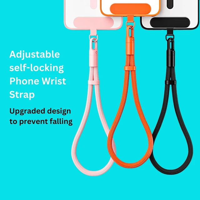 Alt view image 2 of 6 - Minimalist Wrist Strap Phone Lanyard with Adjustable Drop-Proof Design 7mm Reinforced Climbing Rope Material 2 Phone Tether Tabs (Matching Metal and Rotatable Clear) - Sakura Pink