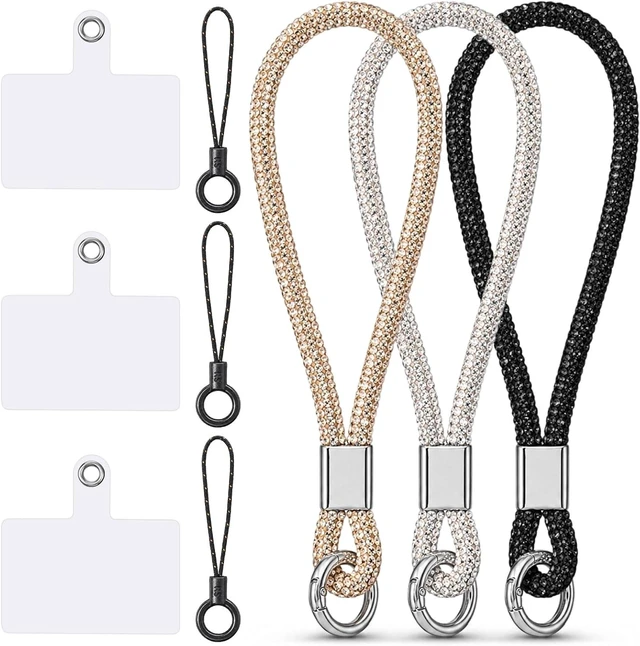 Main image of 3 Pcs Rhinestone Cell Phone Wrist Strap Bling Diamond Phone Wrist Lanyard with Tether Tab and Pad Glitter Keychain Wristlet for Women (Black Silver Champagne)