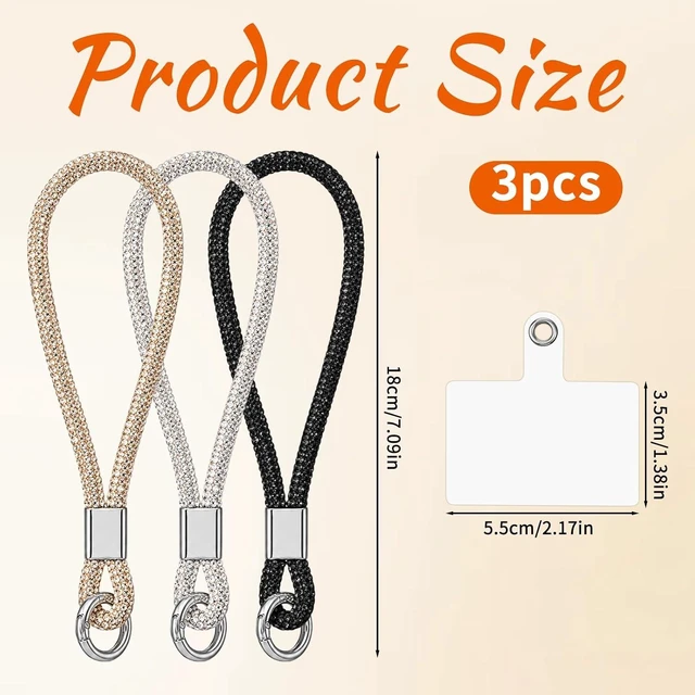 Alt view image 2 of 7 - 3 Pcs Rhinestone Cell Phone Wrist Strap Bling Diamond Phone Wrist Lanyard with Tether Tab and Pad Glitter Keychain Wristlet for Women (Black Silver Champagne)