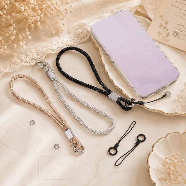 Alt view image 3 of 7 - 3 Pcs Rhinestone Cell Phone Wrist Strap Bling Diamond Phone Wrist Lanyard with Tether Tab and Pad Glitter Keychain Wristlet for Women (Black Silver Champagne)