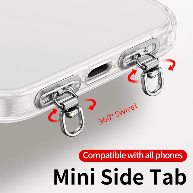Alt view image 2 of 6 - Side-Mount Phone Tether Tab Metal Lanyard Patch 360° Swivel Clip 304 Stainless Steel Wont Block Charging Port