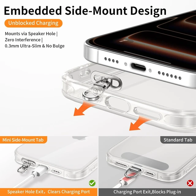 Alt view image 4 of 6 - Side-Mount Phone Tether Tab Metal Lanyard Patch 360° Swivel Clip 304 Stainless Steel Wont Block Charging Port