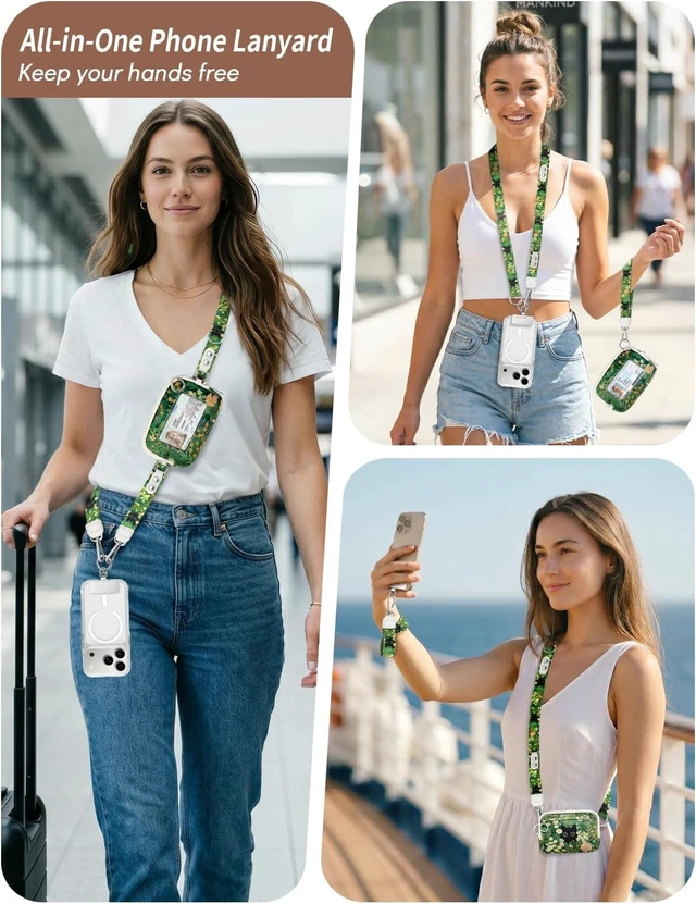 Alt view image 2 of 7 - Clip and Go Strap for Phone with Wallet Crossbody Lanyard Leaf Cat
