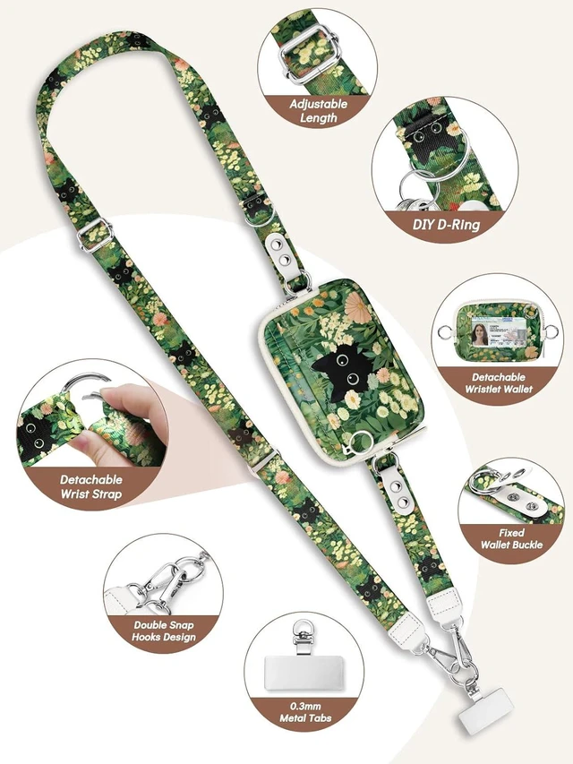 Alt view image 3 of 7 - Clip and Go Strap for Phone with Wallet Crossbody Lanyard Leaf Cat