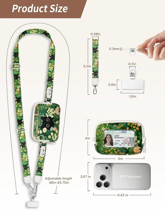 Alt view image 6 of 7 - Clip and Go Strap for Phone with Wallet Crossbody Lanyard Leaf Cat