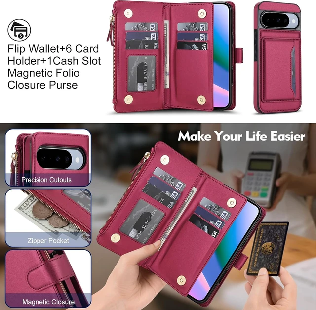 Alt view image 3 of 7 - Crossbody Detachable Wallet Case for Google Pixel 9/9 Pro/10/10 Pro 5G with Screen Protector RFID Blocking Card Holder PU Leather Zipper Purse Flip Cover Wrist Strap Lanyard 6.3 Red