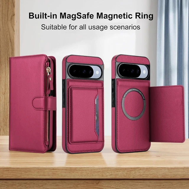 Alt view image 5 of 7 - Crossbody Detachable Wallet Case for Google Pixel 9/9 Pro/10/10 Pro 5G with Screen Protector RFID Blocking Card Holder PU Leather Zipper Purse Flip Cover Wrist Strap Lanyard 6.3 Red