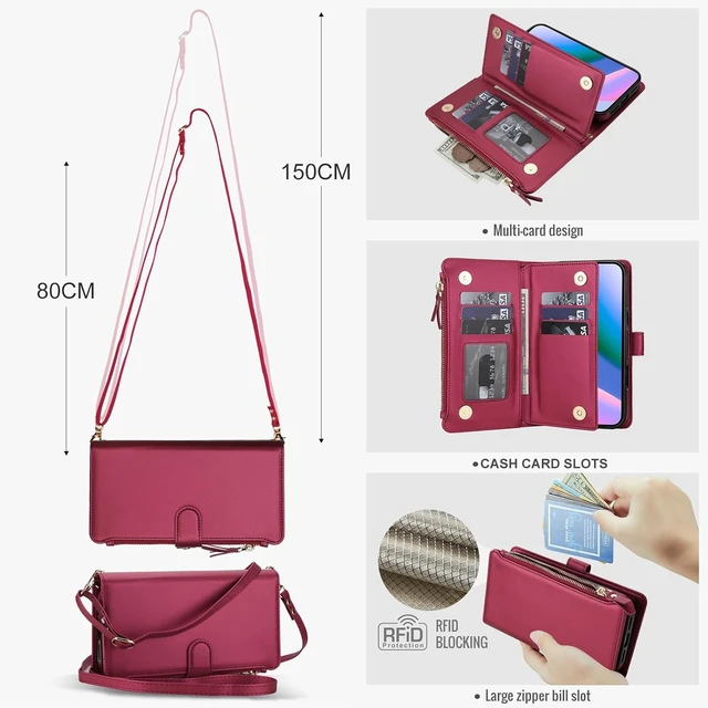 Alt view image 6 of 7 - Crossbody Detachable Wallet Case for Google Pixel 9/9 Pro/10/10 Pro 5G with Screen Protector RFID Blocking Card Holder PU Leather Zipper Purse Flip Cover Wrist Strap Lanyard 6.3 Red