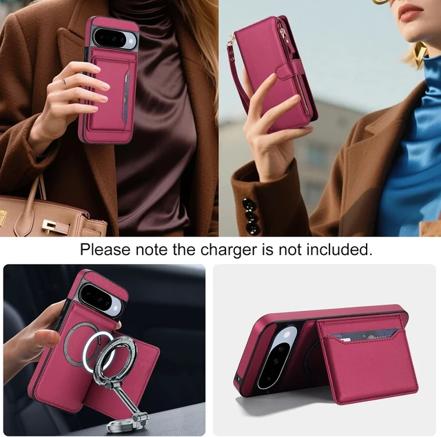 Alt view image 7 of 7 - Crossbody Detachable Wallet Case for Google Pixel 9/9 Pro/10/10 Pro 5G with Screen Protector RFID Blocking Card Holder PU Leather Zipper Purse Flip Cover Wrist Strap Lanyard 6.3 Red
