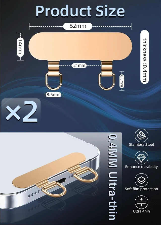 Alt view image 3 of 7 - 2 Way Metal Phone Tether Upgraded Double Buckle Lanyard Patch Phone Strap Replacement for iPhone Cases (T 2 Pieces) (Gold)