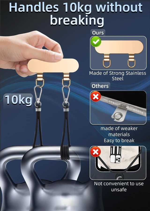 Alt view image 7 of 7 - 2 Way Metal Phone Tether Upgraded Double Buckle Lanyard Patch Phone Strap Replacement for iPhone Cases (T 2 Pieces) (Gold)
