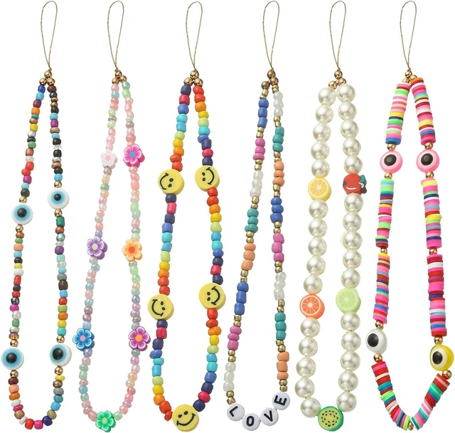 Main image of 6PCS Beaded Phone Charms Strap Fruit Star Faux Pearl Rainbow Beads Phone Chains Beaded Lanyard for Camera Key Wallet Valentines Day Gifts for Her Women