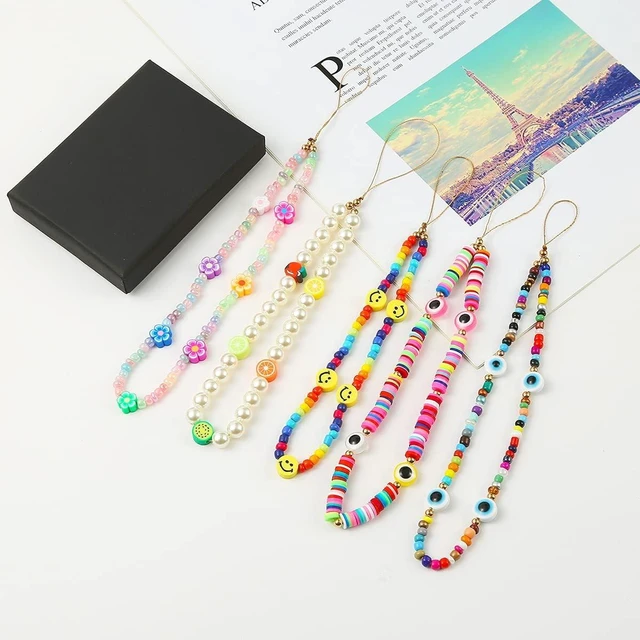 Alt view image 6 of 7 - 6PCS Beaded Phone Charms Strap Fruit Star Faux Pearl Rainbow Beads Phone Chains Beaded Lanyard for Camera Key Wallet Valentines Day Gifts for Her Women