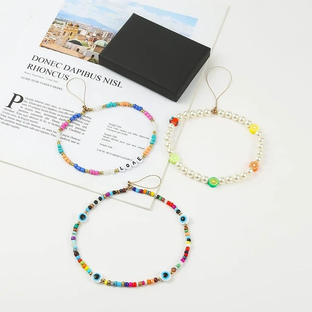 Alt view image 7 of 7 - 6PCS Beaded Phone Charms Strap Fruit Star Faux Pearl Rainbow Beads Phone Chains Beaded Lanyard for Camera Key Wallet Valentines Day Gifts for Her Women