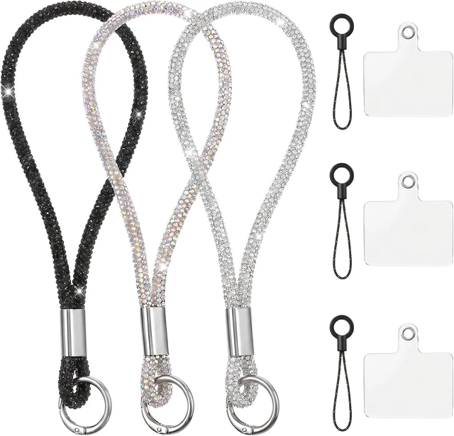 Main image of 3 PCS Bling Rhinestone Phone Wrist Strap Full Diamond Cellphone Wrist Strap Bling Keychain Wristlet Lanyard for Phone Wristlet Camera Straps Keychain Lanyards Bag Charms for Handbags