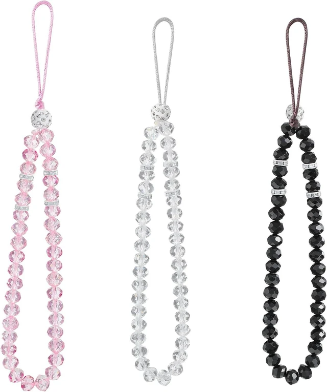 Main image of 3 Pieces Cell Phone Lanyard Strap Phone Charm Bling Crystal Beads Hand Wrist Lanyard Strap Beaded Womens Wristlet