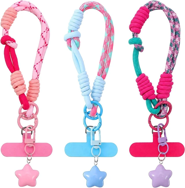 Main image of 3 Pcs Color Blocking Cell Phone Wrist Strap with Star Keychain Charm