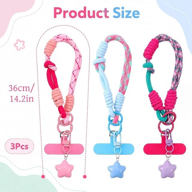 Alt view image 2 of 7 - 3 Pcs Color Blocking Cell Phone Wrist Strap with Star Keychain Charm