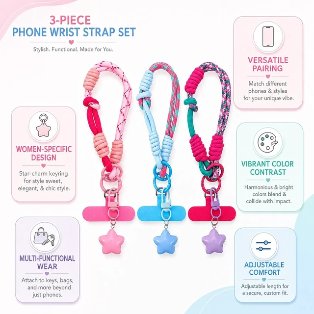 Alt view image 3 of 7 - 3 Pcs Color Blocking Cell Phone Wrist Strap with Star Keychain Charm