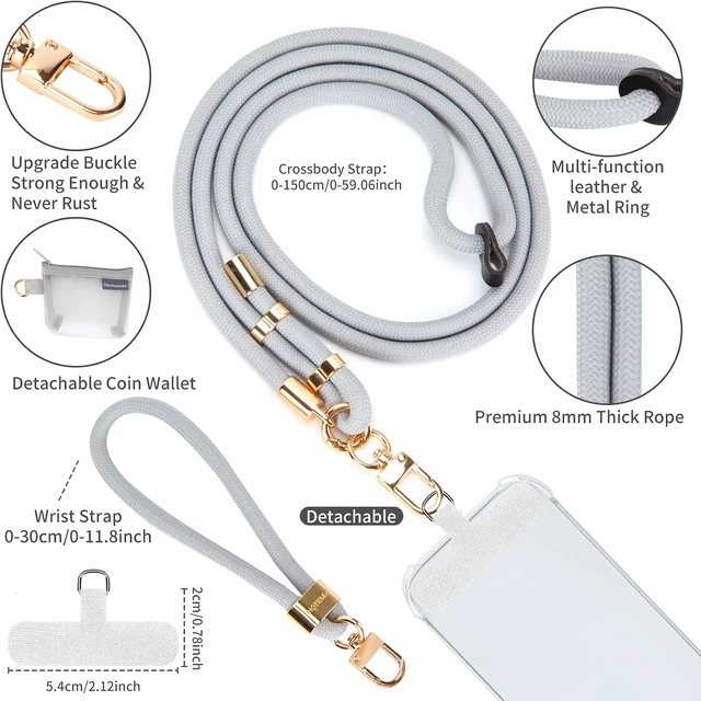 Alt view image 2 of 7 - Phone Lanyard and Wrist Straps Adjustable Cell Phone Lanyard Crossbody with Detachable Wallet 8mm Thick iPhone Lanyard for Around the Neck (Grey+Wallet)