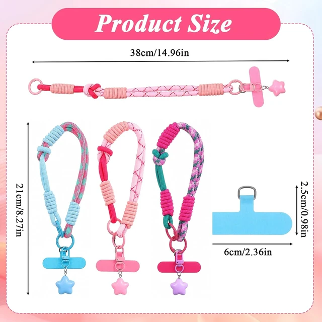 Alt view image 4 of 7 - 3Pcs Color Blocking Cell Phone Wrist Strap Cute with Star Keychain Pendant