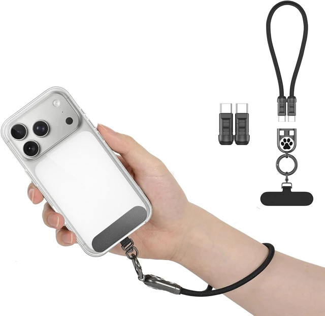 Main image of Phone Wrist Strap Charging Cable USB-C to USB-C Cable with 240W Fast Charging 0.98FT Anti Theft Phone Lanyard for iPhone//Android Daily & Outdoor Activities Cute Paw Print Black