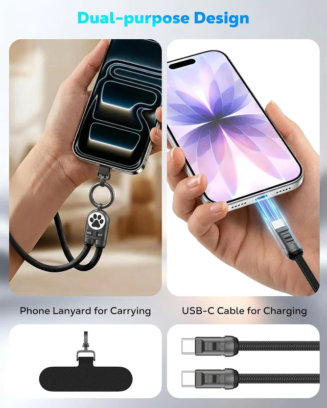 Alt view image 2 of 7 - Phone Wrist Strap Charging Cable USB-C to USB-C Cable with 240W Fast Charging 0.98FT Anti Theft Phone Lanyard for iPhone//Android Daily & Outdoor Activities Cute Paw Print Black