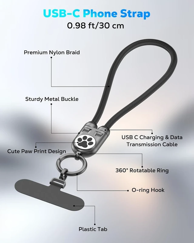 Alt view image 5 of 7 - Phone Wrist Strap Charging Cable USB-C to USB-C Cable with 240W Fast Charging 0.98FT Anti Theft Phone Lanyard for iPhone//Android Daily & Outdoor Activities Cute Paw Print Black