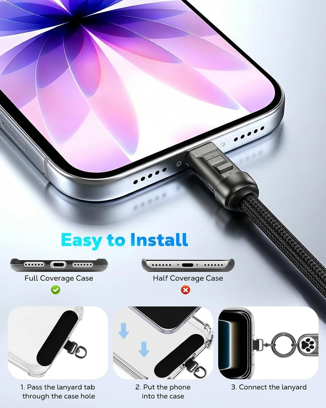 Alt view image 7 of 7 - Phone Wrist Strap Charging Cable USB-C to USB-C Cable with 240W Fast Charging 0.98FT Anti Theft Phone Lanyard for iPhone//Android Daily & Outdoor Activities Cute Paw Print Black