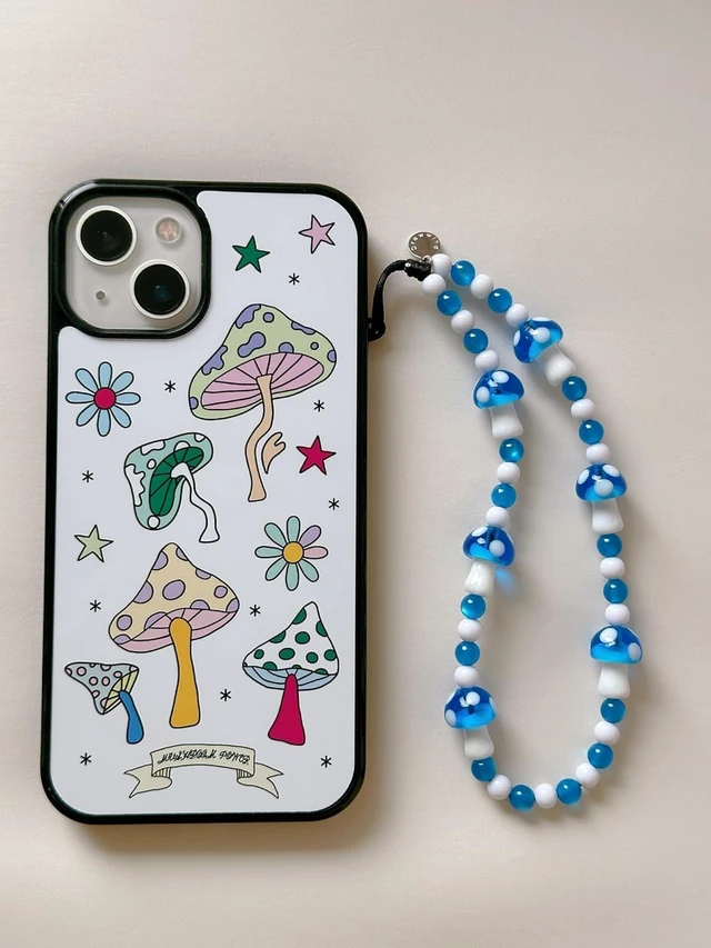 Alt view image 2 of 6 - Phone Charm Beaded Wristlet Strap Universal Cell Phone Lanyard Cute Bracelet Wrist Strap Beaded Chain String Handmade Accessories for Case Camera Bags (Blue Mushroom)