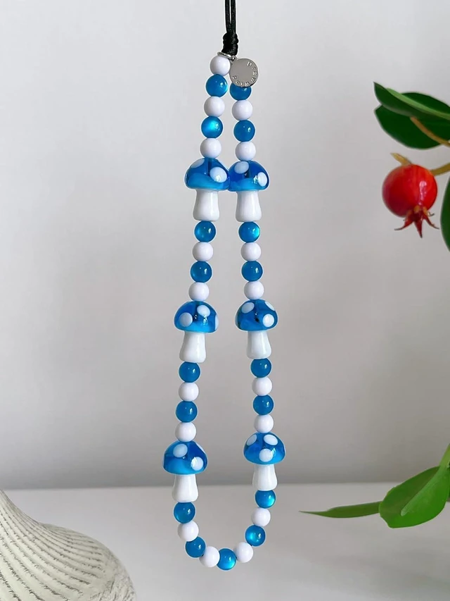 Alt view image 3 of 6 - Phone Charm Beaded Wristlet Strap Universal Cell Phone Lanyard Cute Bracelet Wrist Strap Beaded Chain String Handmade Accessories for Case Camera Bags (Blue Mushroom)