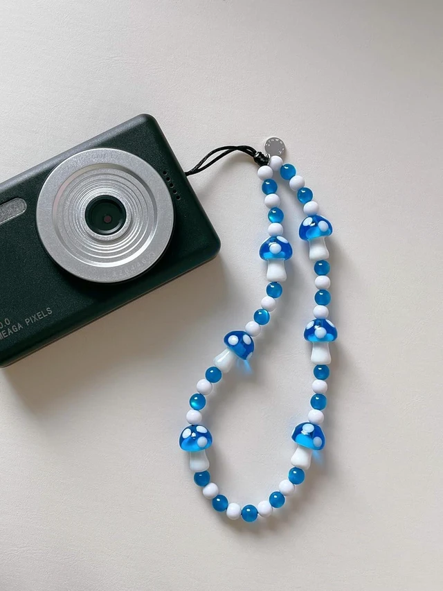 Alt view image 4 of 6 - Phone Charm Beaded Wristlet Strap Universal Cell Phone Lanyard Cute Bracelet Wrist Strap Beaded Chain String Handmade Accessories for Case Camera Bags (Blue Mushroom)