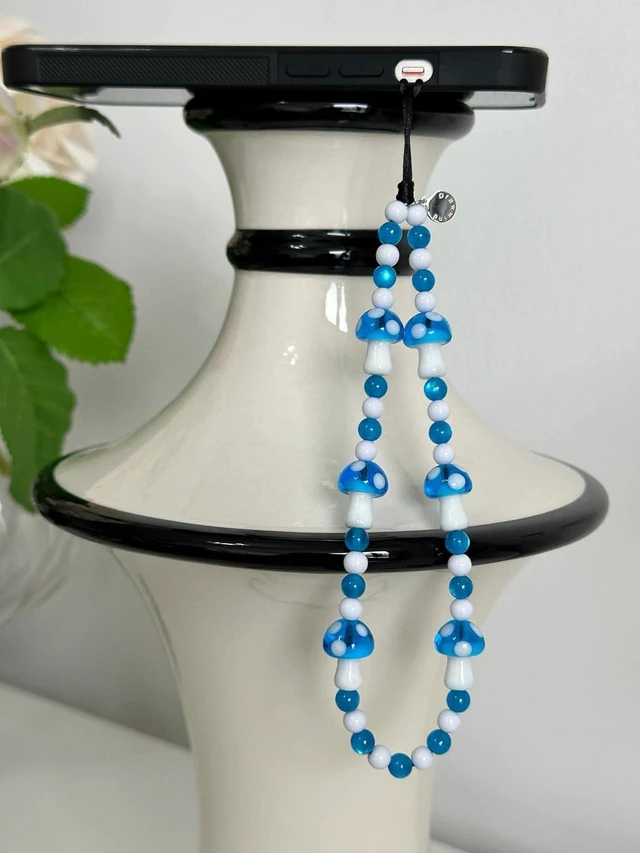 Alt view image 5 of 6 - Phone Charm Beaded Wristlet Strap Universal Cell Phone Lanyard Cute Bracelet Wrist Strap Beaded Chain String Handmade Accessories for Case Camera Bags (Blue Mushroom)