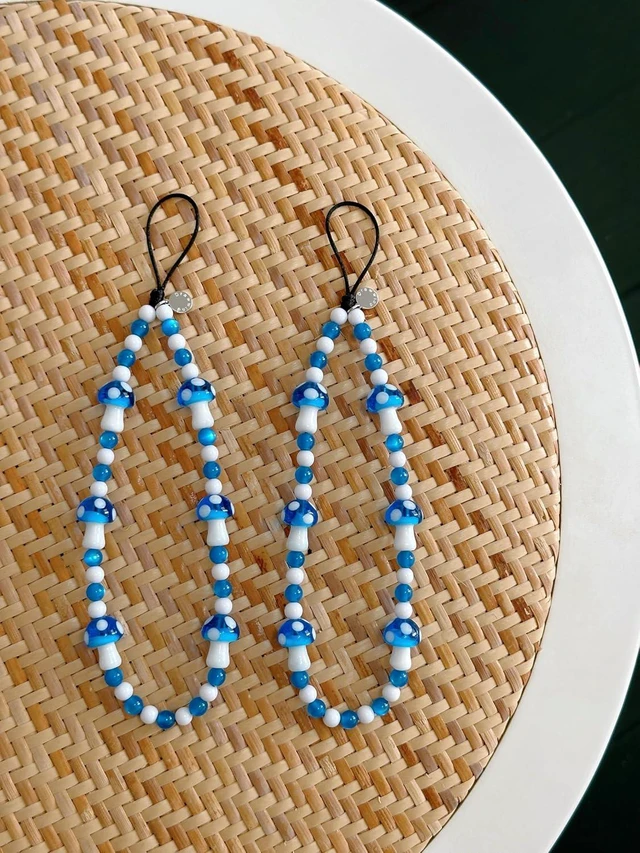 Alt view image 6 of 6 - Phone Charm Beaded Wristlet Strap Universal Cell Phone Lanyard Cute Bracelet Wrist Strap Beaded Chain String Handmade Accessories for Case Camera Bags (Blue Mushroom)