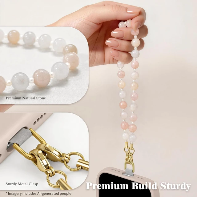 Alt view image 2 of 7 - Natural Stone Phone Charm Beaded Phone Wrist Strap with Tether Tab