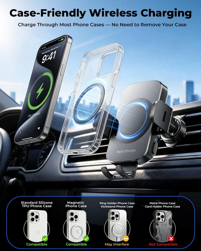 Alt view image 4 of 7 - 3-in-1 Wireless Car Charger Mount 15W Fast Charging Auto-Clamping Phone Holder for iPhone 17 16 15 14 Galaxy S24 S23 Dashboard Vent & Windshield Car Mount