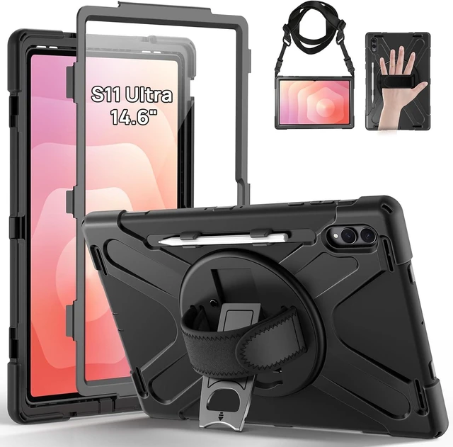 Main image of Case for Galaxy Tab S12 Ultra/ S11 Ultra 14.6 2026 2025 Full-Body Drop Protective Case with Screen Protector Pen Holder 360° Rotate Hand Strap & Stand Shoulder Strap Black