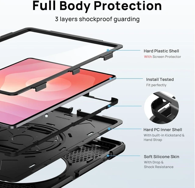 Alt view image 3 of 7 - Case for Galaxy Tab S12 Ultra/ S11 Ultra 14.6 2026 2025 Full-Body Drop Protective Case with Screen Protector Pen Holder 360° Rotate Hand Strap & Stand Shoulder Strap Black