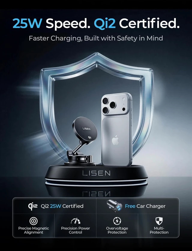 Alt view image 2 of 7 - Qi2.2 25W MagSafe Car Mount Charger Magnetic Wireless Car Charger