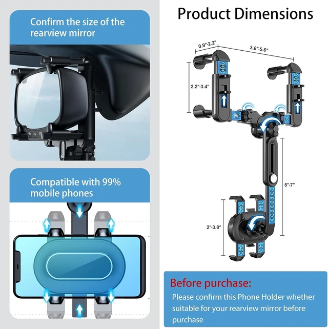 Alt view image 4 of 7 - Rearview Mirror Phone Holder for Car 360° Rotating and Retractable Multifunctional Rear View Phone Mount Upgraded Four Corners Fixed Anti-Shake Fit All Smartphones & Bigger Vehicle