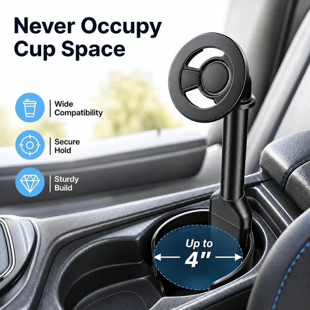 Alt view image 5 of 7 - Magnetic Cup Holder Phone Mount for Car 2 in 1 One-Hand Operation