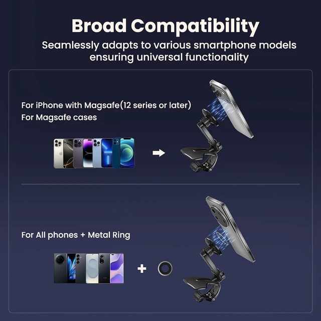 Alt view image 6 of 6 - Universal 360-Degree Rotating Car Phone Holder Multifunctional Dashboard Phone Mount with Clip for All Smartphones Secure Flexible Grip for Car Dash & Rearview Mirror