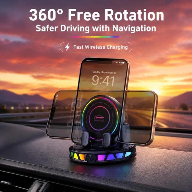 Alt view image 2 of 7 - 15W MagSafe Car Mount Charger with 7-Color RGB Light Car Phone Holder for Your Car Horizontal Mode Wireless Charging 360° Rotating Strong Suction Mount for iPhone 17 Pro Max 16 15 14 13 12
